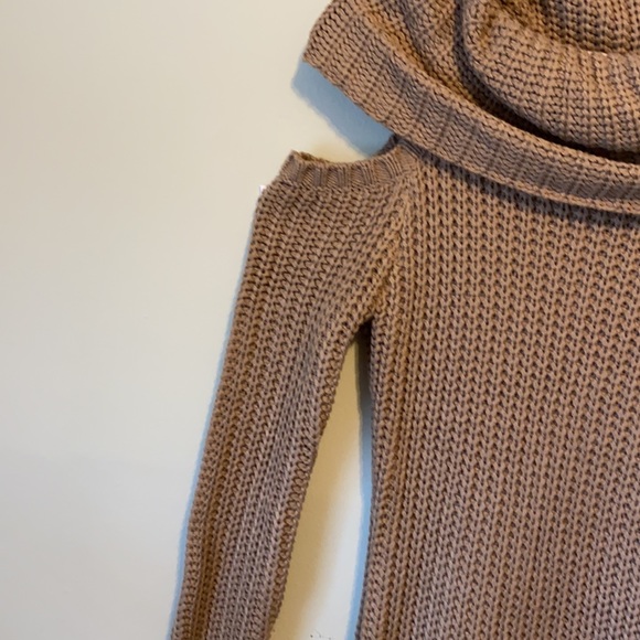 Active USA Knit Cowl Neck Cold Shoulder W/Long Sleeve Sweater Dress In Taupe - Picture 6 of 10